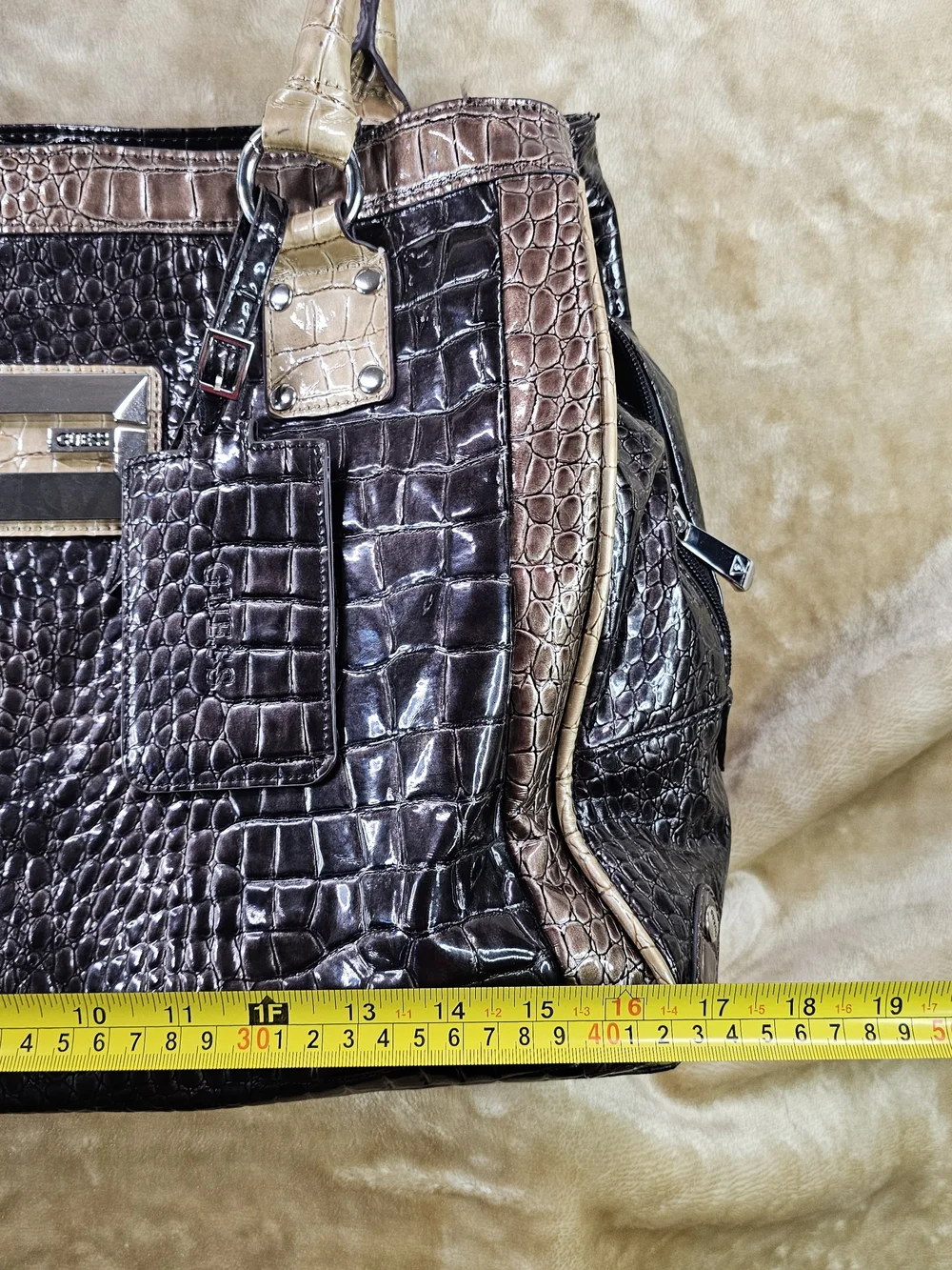GUESS Metallic Black Croc-Embossed Tote and Satchel Set